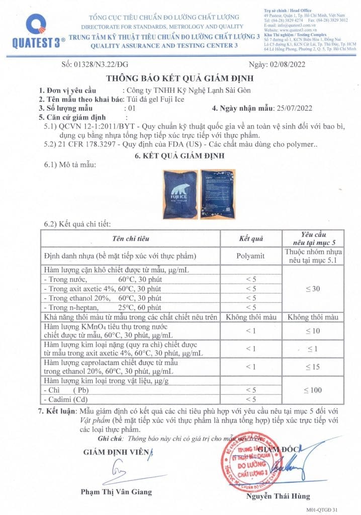 Thông báo kết quả giảm định đá gel Fuji ice