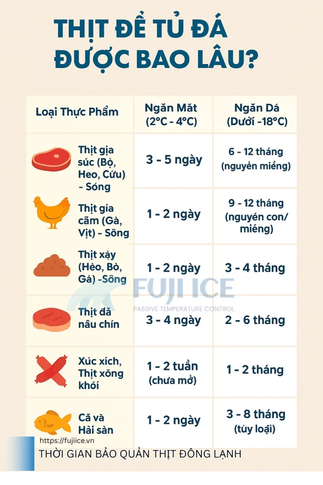 Thịt để tủ đá được bao lâu? Chuyên gia Fuji Ice giải đáp chi tiết 2 Thời gian bảo quản thịt đông lạnh