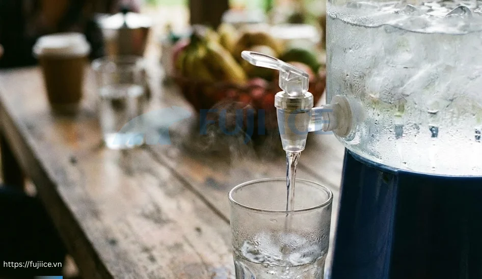 Xô Đựng Nước Đá: Phân Loại, Bảng Giá & Bí Quyết Giữ Lạnh Lâu Tan 3 Cận cảnh thùng đựng nước đá có vòi tiện lợi đang rót nước lạnh tại quán nước gia đình