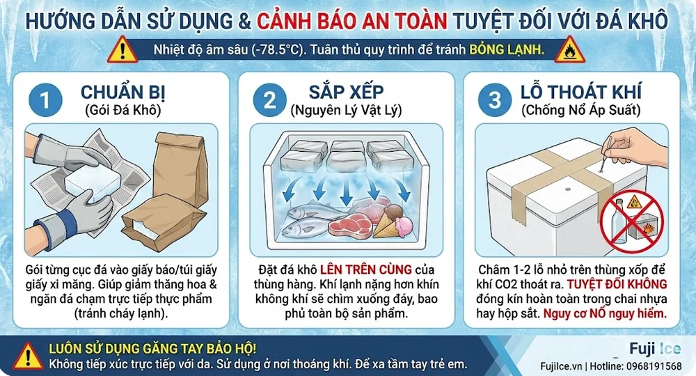 Mua Đá Khô & Giải Pháp Bảo Quản Lạnh Toàn Diện Từ Fuji Ice 3 Hướng dẫn sử dụng an toàn tuyệt đối với đá khô