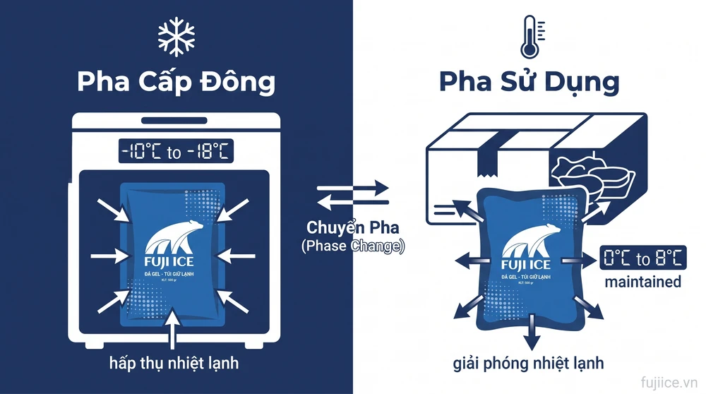 Sơ đồ nguyên lý chuyển pha (Phase Change) của đá gel: pha cấp đông hấp thụ nhiệt lạnh và pha sử dụng giải phóng nhiệt lạnh giữ mát hàng hóa