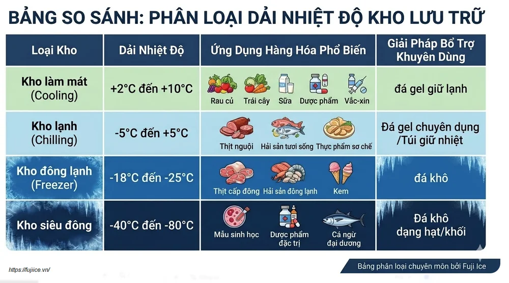 Kho Lạnh Công Nghiệp: Toàn Cảnh & Giải Pháp Tối Ưu Trong Chuỗi Cung Ứng Lạnh 2 Bảng so sánh Phân loại dải nhiệt độ trong hệ thống kho lưu trữ