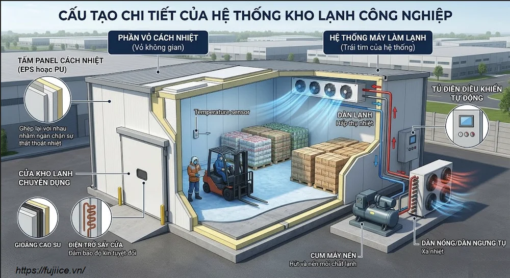 Hệ Thống Kho Lạnh Là Gì? Cấu Tạo Và Sơ Đồ Nguyên Lý Hoạt Động Chi Tiết 2 Cấu tạo chi tiết của hệ thống kho lạnh công nghiệp