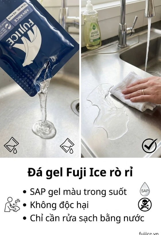 Đá gel Fuji Ice khi rò rỉ - SAP gel màu trong suốt, không độc hại, chỉ cần rửa sạch bằng nước