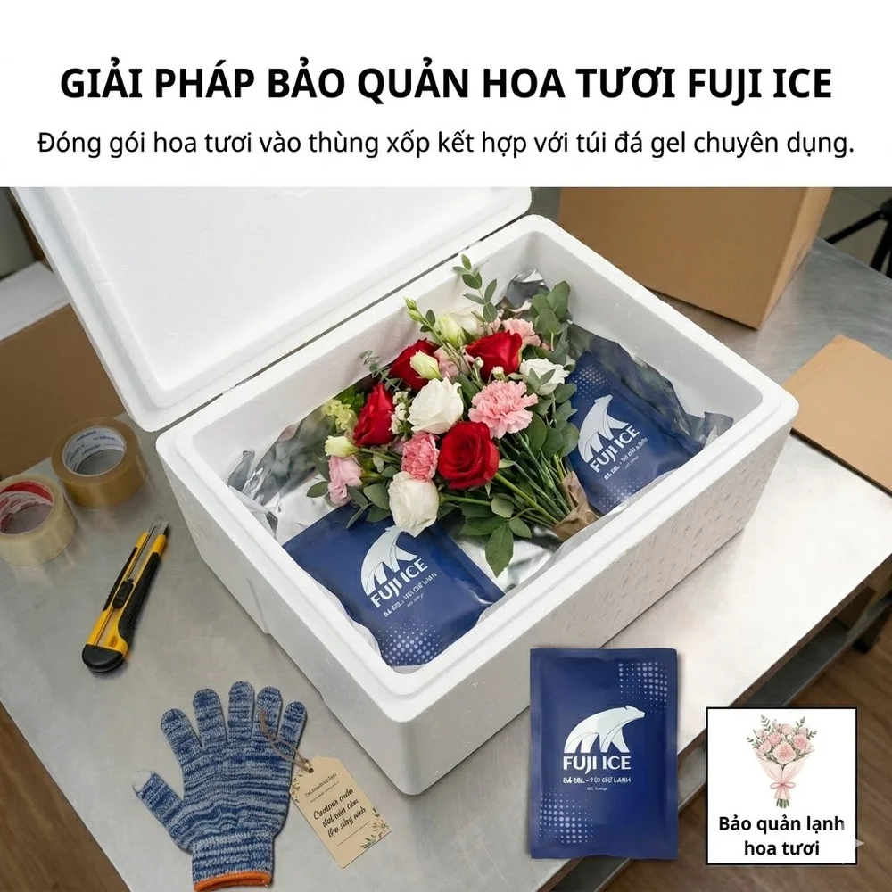 Tiêu Chuẩn Thiết Kế Kho Lạnh Bảo Quản Hoa Tươi Chuyên Nghiệp 3 Đóng gói hoa tươi vào thùng xốp kết hợp với túi đá gel chuyên dụng của Fuji Ice