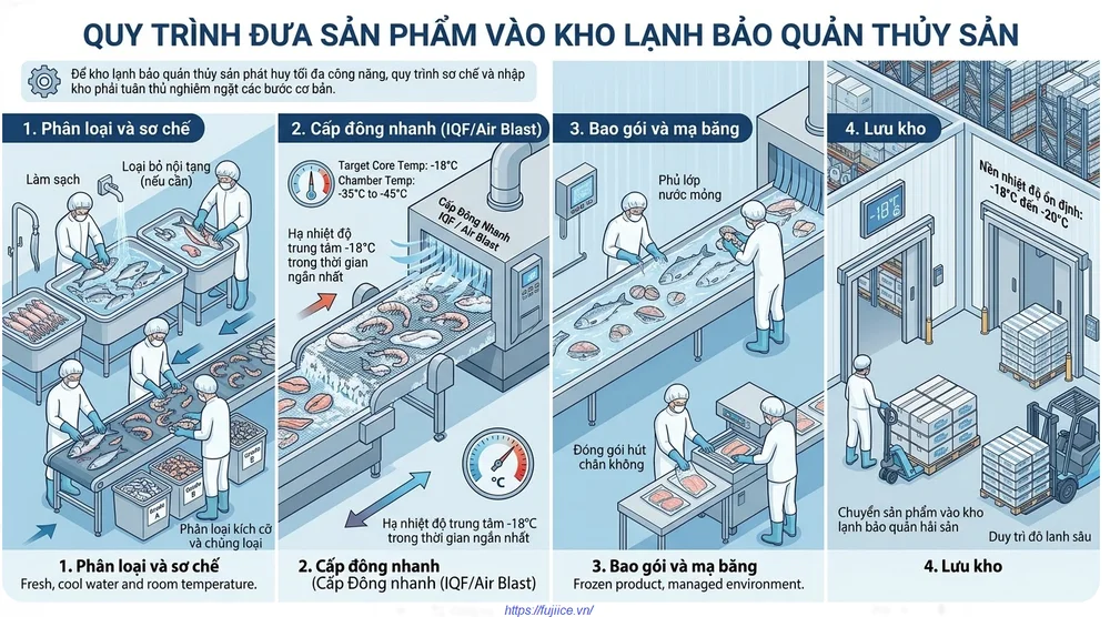 Kho Lạnh Hải Sản: Tiêu Chuẩn Kỹ Thuật & Giải Pháp Bảo Quản Toàn Diện 3 Quy trình đưa sản phẩm vào kho lạnh bảo quản thủy hải sản