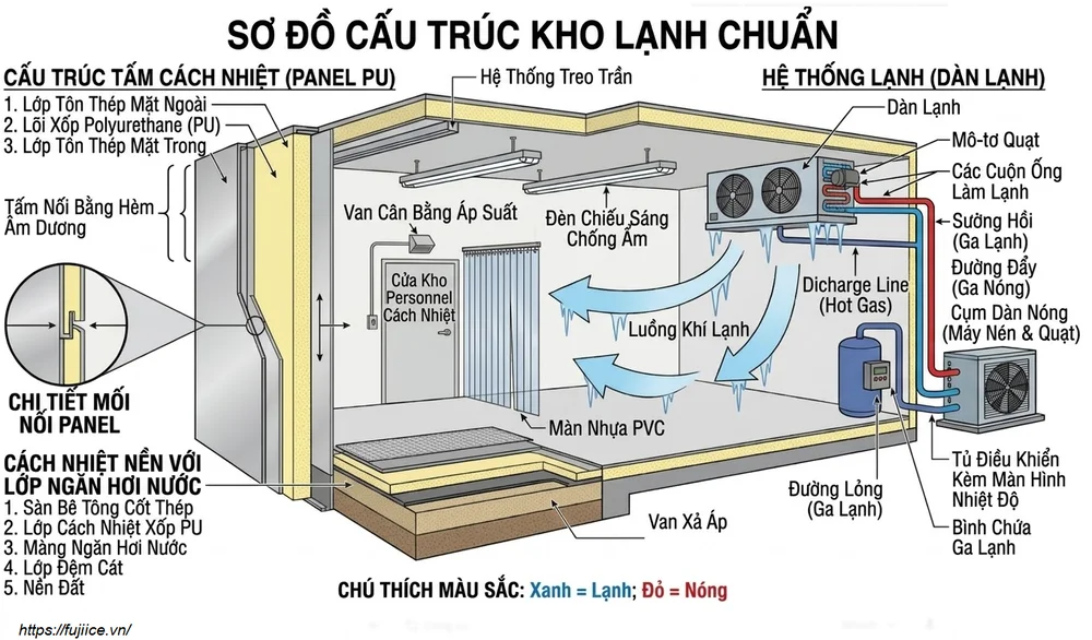 Kho đông lạnh: Giải pháp bảo quản toàn diện và quy chuẩn kỹ thuật 2026 1 Sơ đồ cấu trúc kho lạnh chuẩn