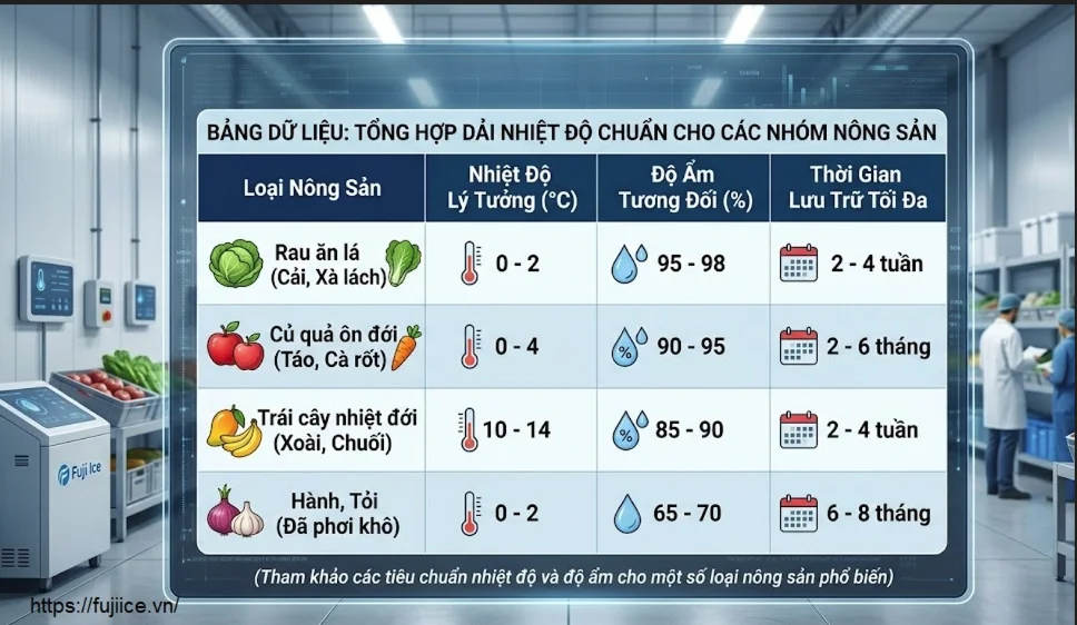 Kho Lạnh Bảo Quản Nông Sản: Tiêu Chuẩn Phân Loại Và Giải Pháp Toàn Diện 2 bảng tiêu chuẩn nhiệt độ và độ ẩm tham khảo cho một số loại nông sản phổ biến