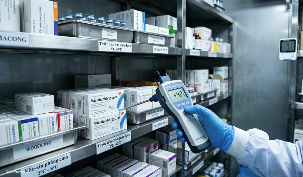 Tiêu Chuẩn Nhiệt Độ Kho Lạnh Tối Ưu & Bí Quyết Duy Trì Chuỗi Lạnh 2 quy trình đo đạc và kiểm tra nhiệt độ bên trong kho mát chứa dược phẩm bằng thiết bị chuyên dụn