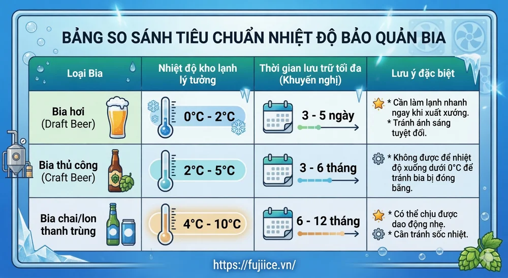 Kho Lạnh Bảo Quản Bia: Tiêu Chuẩn Nhiệt Độ & Giải Pháp Chuỗi Lạnh Toàn Diện 2 Bảng thông số nhiệt độ bảo quản các loại bia do chuyên gia Fuji Ice tổng hợp