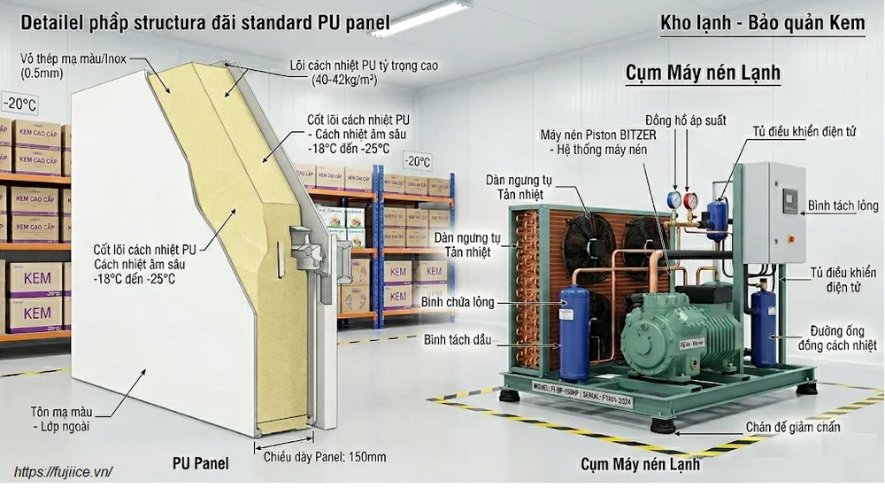 Kho Lạnh Bảo Quản Kem: Tiêu Chuẩn Thiết Kế & Giải Pháp Tối Ưu Chuỗi Lạnh 2 Cấu tạo chi tiết panel PU và hệ thống máy nén kho lạnh