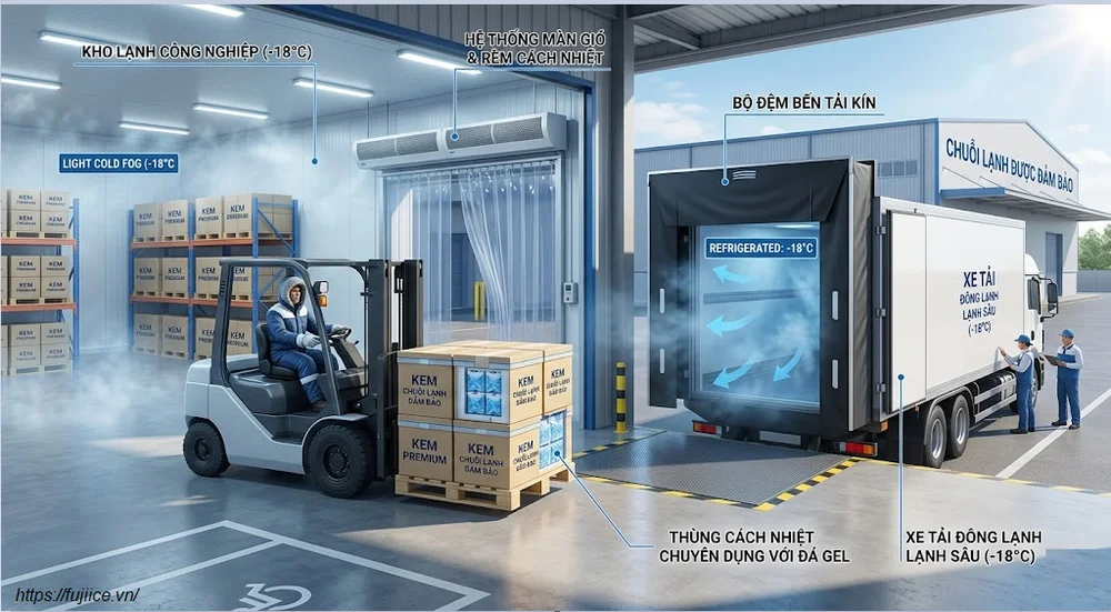 Kho Lạnh Bảo Quản Kem: Tiêu Chuẩn Thiết Kế & Giải Pháp Tối Ưu Chuỗi Lạnh 3 Mô phỏng quá trình luân chuyển kem từ kho lạnh ra xe tải đông lạnh đảm bảo không thất thoát nhiệt