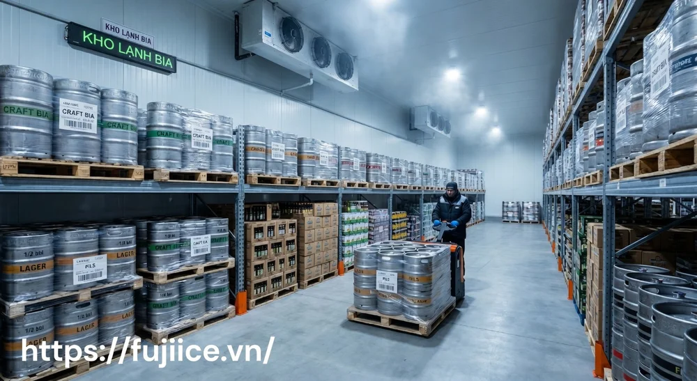 Kho Lạnh Bảo Quản Bia: Tiêu Chuẩn Nhiệt Độ & Giải Pháp Chuỗi Lạnh Toàn Diện 1 bia được sắp xếp chuyên nghiệp bên trong môi trường lạnh tiêu chuẩn