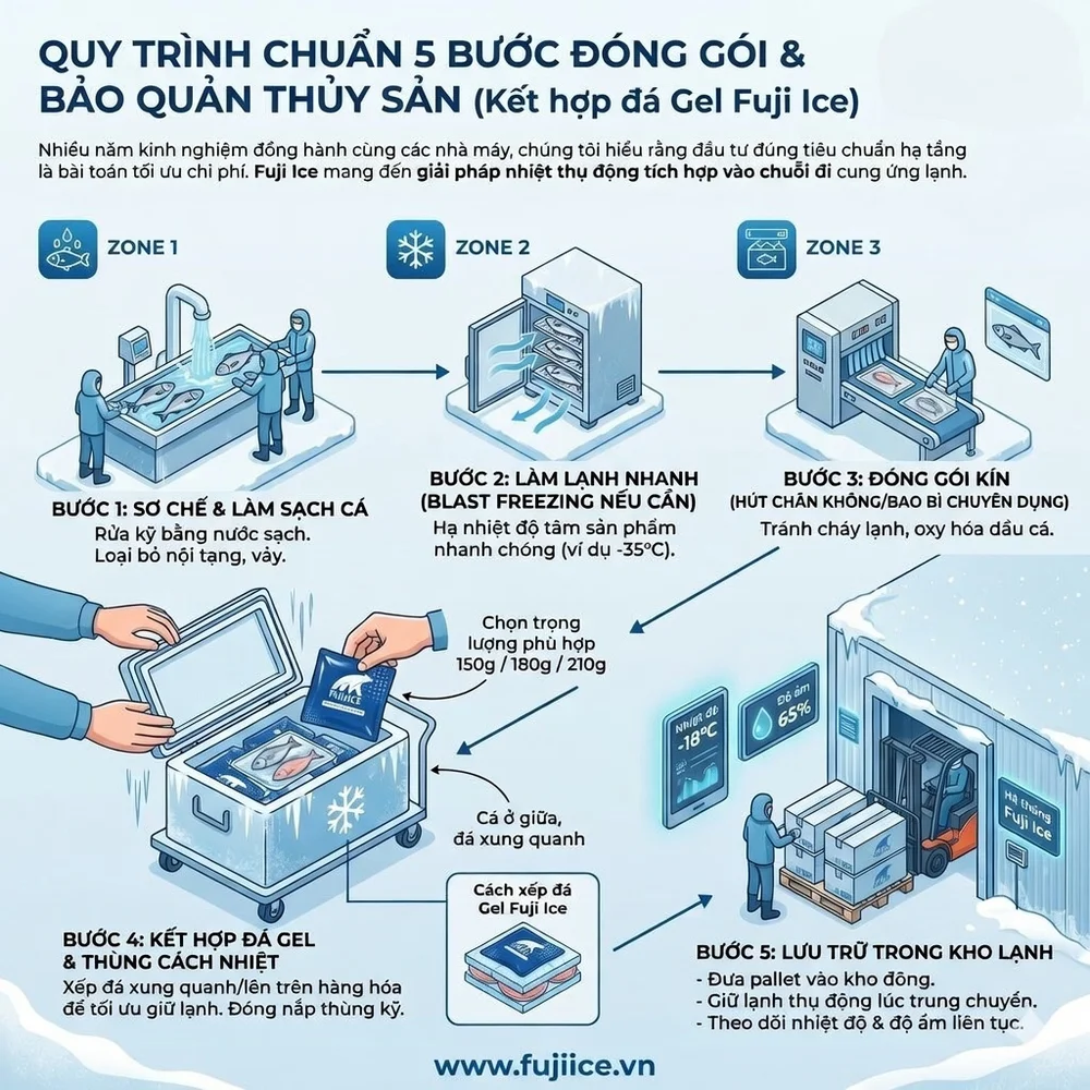 Kho Lạnh Bảo Quản Cá: Tiêu Chuẩn & Giải Pháp Chuỗi Lạnh Toàn Diện 4 quy trình dòng chảy (Flow) đóng gói cá vào thùng cách nhiệt kết hợp đá gel Fuji Ice trước khi đưa vào kho đông