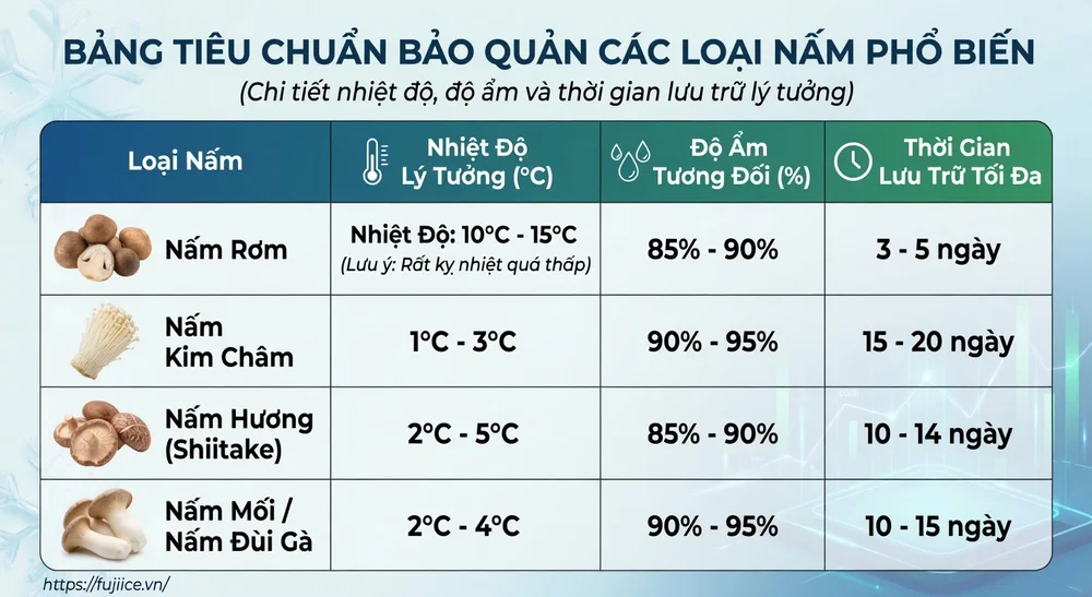 Kho Lạnh Bảo Quản Nấm: Tiêu Chuẩn Kỹ Thuật & Giải Pháp Chống Sốc Nhiệt Từ Chuyên Gia 3 Bảng tiêu chuẩn bảo quản các loại nấm phổ biến
