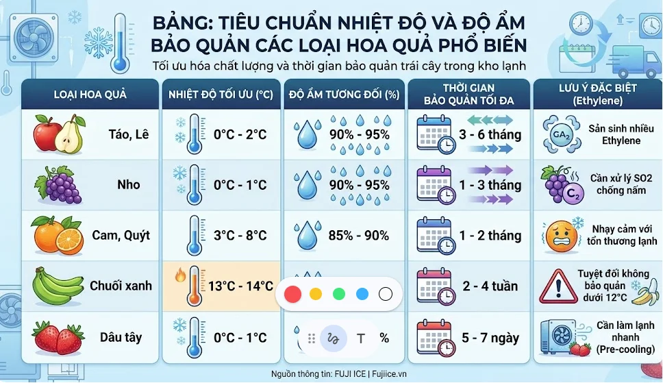 Kho Lạnh Bảo Quản Hoa Quả: Tiêu Chuẩn Kỹ Thuật & Giải Pháp Chuỗi Lạnh Toàn Diện 2 Bảng tiêu chuẩn nhiệt độ và độ ẩm bảo quản các loại hoa quả