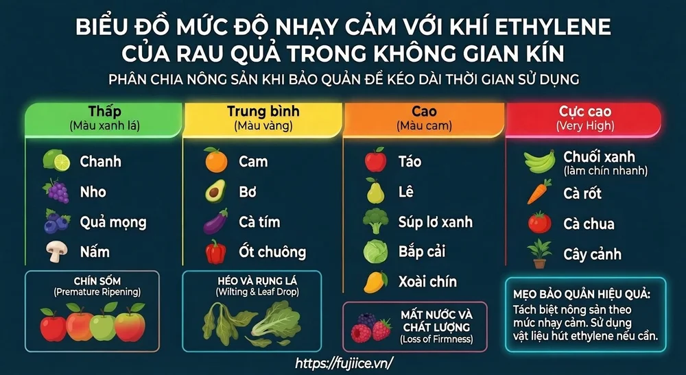 Kho Lạnh Bảo Quản Rau Quả: Tiêu Chuẩn Kỹ Thuật Và Giải Pháp Toàn Diện 2 Biểu đồ thể hiện mức độ nhạy cảm với khí ethylene của các loại trái cây khác nhau khi đặt chung trong một không gian kín