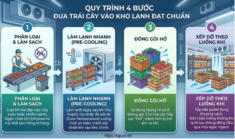 Kho Lạnh Bảo Quản Hoa Quả: Tiêu Chuẩn Kỹ Thuật & Giải Pháp Chuỗi Lạnh Toàn Diện 4 Quy trình 4 bước đưa trái cay vào kho lạnh đạt chuẩn