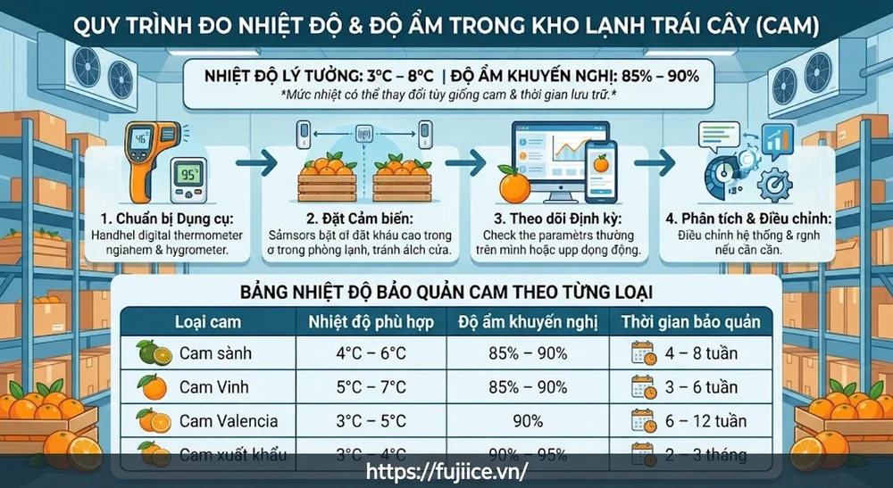 Kho Lạnh Bảo Quản Cam: Tiêu Chuẩn Kỹ Thuật & Giải Pháp Tối Ưu Chuỗi Cung Ứng 3 Quy trình đo nhiệt độ và độ ẩm trong kho lạnh trái cây