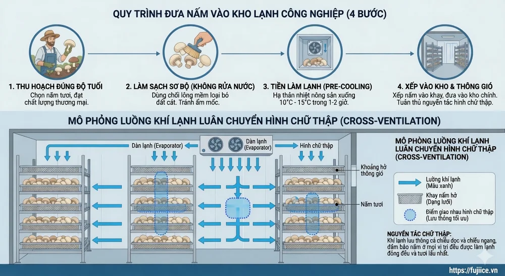 Kho Lạnh Bảo Quản Nấm: Tiêu Chuẩn Kỹ Thuật & Giải Pháp Chống Sốc Nhiệt Từ Chuyên Gia 4 Quy trình đưa nấm vào kho lạnh công nghiệp