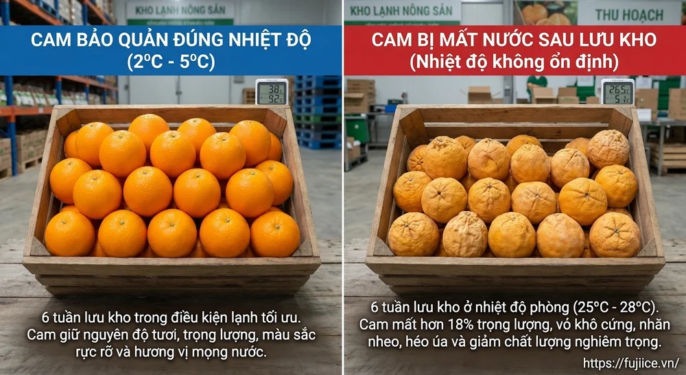 Kho Lạnh Bảo Quản Cam: Tiêu Chuẩn Kỹ Thuật & Giải Pháp Tối Ưu Chuỗi Cung Ứng 2 So sánh cam bảo quản đúng nhiệt độ và cam bị mất nước sau lưu kho