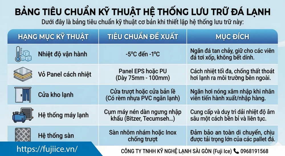 Kho Lạnh Bảo Quản Đá Viên: Tiêu Chuẩn Kỹ Thuật & Giải Pháp Tối Ưu 2 bảng tiêu chuẩn kỹ thuật cơ bản khi thiết lập hệ thống lưu trữ