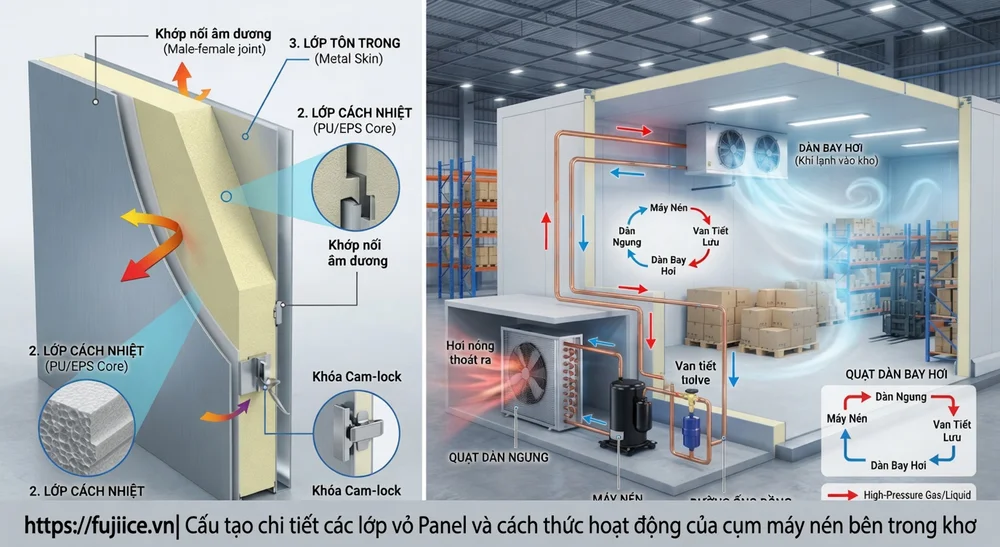Tiêu Chuẩn Thiết Kế Và Vận Hành Kho Lạnh Bảo Quản Sầu Riêng (Toàn Diện) 2 cấu tạo chi tiết các lớp vỏ Panel và cách thức hoạt động của cụm máy nén bên trong kho