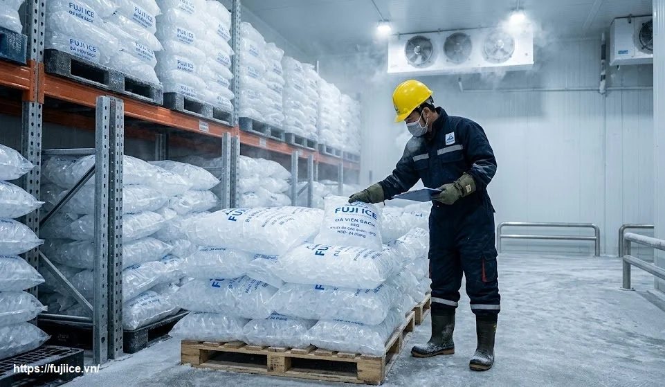 Kho Lạnh Bảo Quản Đá Viên: Tiêu Chuẩn Kỹ Thuật & Giải Pháp Tối Ưu 3 kiểm tra chất lượng đóng gói đá viên bên trong kho lạnh công nghiệp