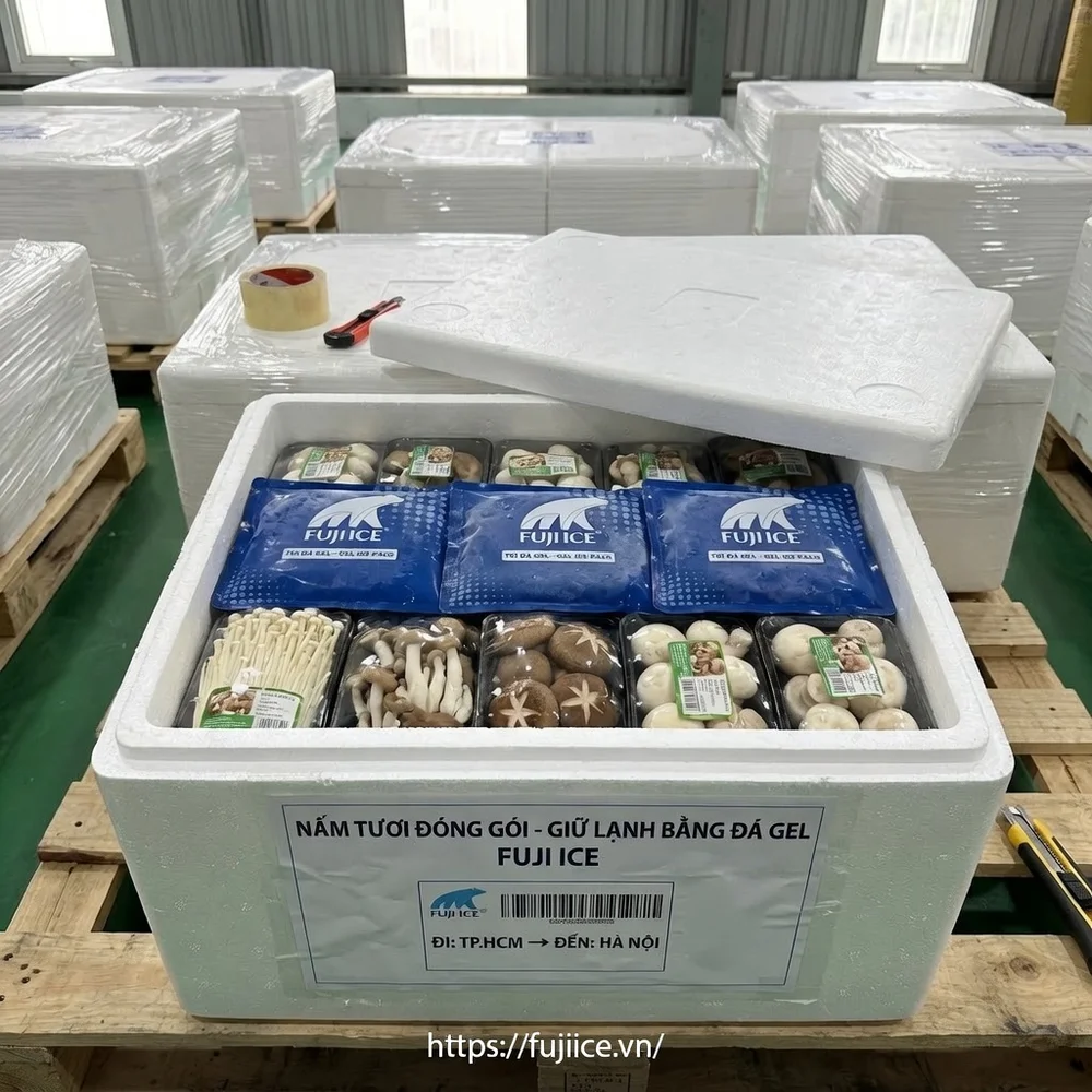 Kho Lạnh Bảo Quản Nấm: Tiêu Chuẩn Kỹ Thuật & Giải Pháp Chống Sốc Nhiệt Từ Chuyên Gia 5 nấm tươi được bảo quản cùng các túi đá gel Fuji Ice bên trong, chuẩn bị cho quá trình vận chuyển