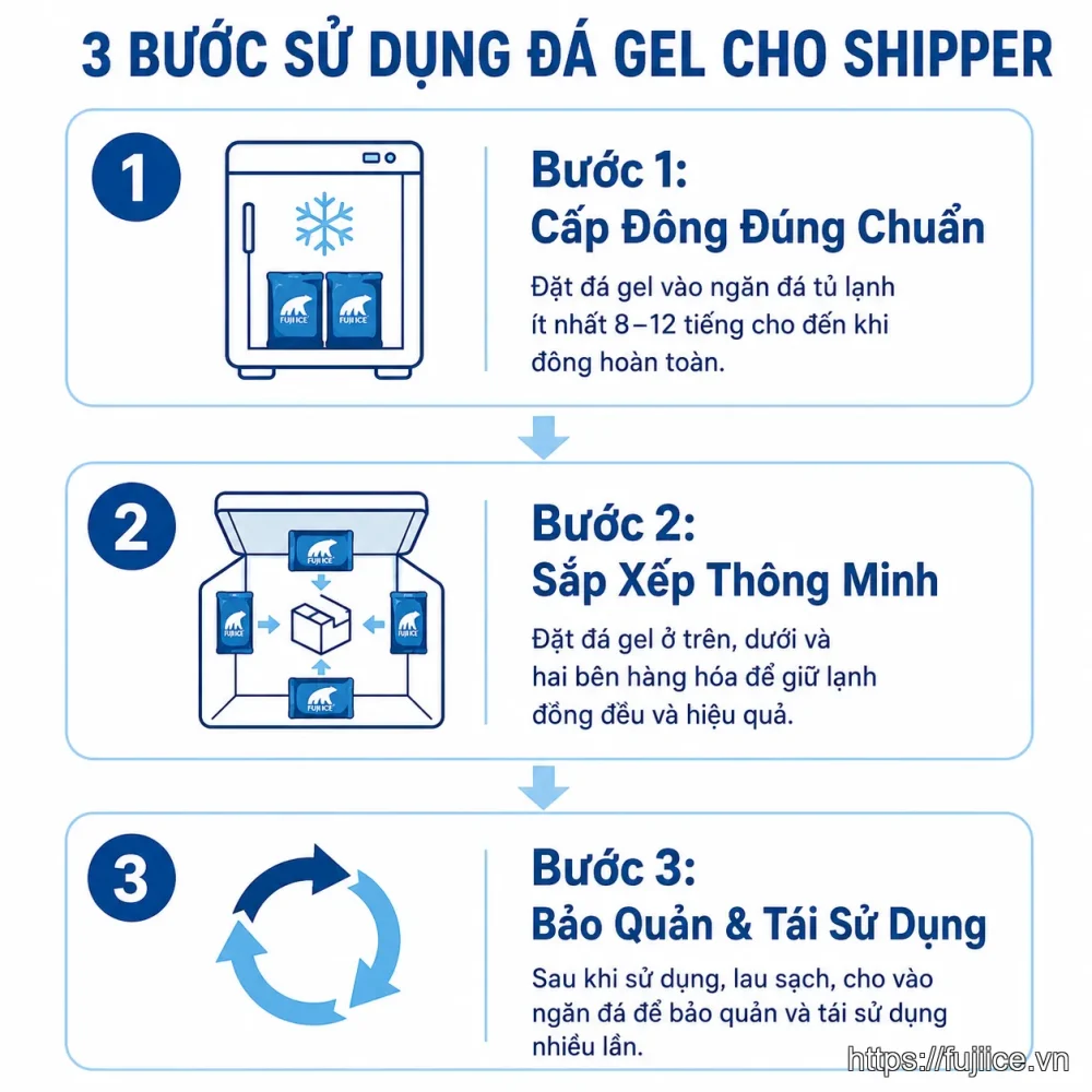 Sơ đồ 3 bước hướng dẫn sử dụng đá gel cho shipper hiệu quả