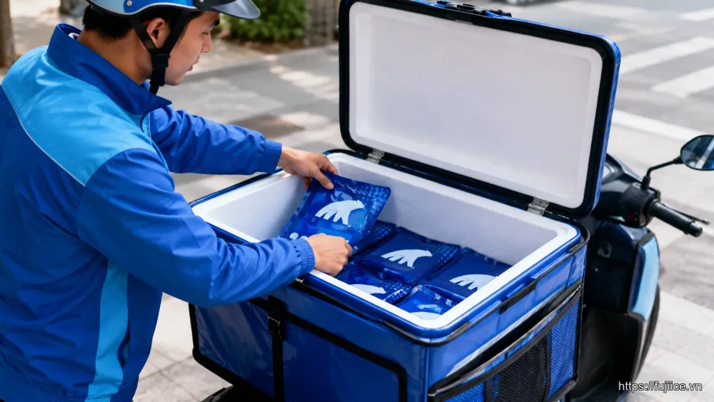 Shipper đang sắp xếp đá gel vào Thùng Cách Nhiệt Fuji Shipper chuyên dụng