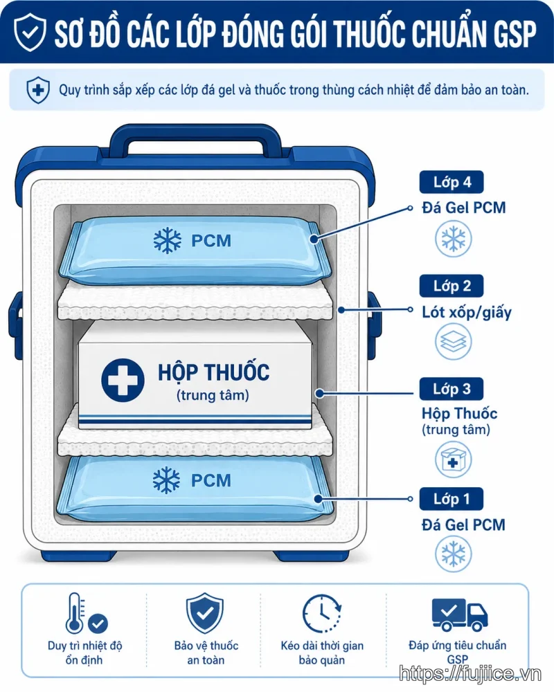 Sơ đồ 4 lớp đóng gói thuốc tây vào thùng cách nhiệt với đá gel PCM