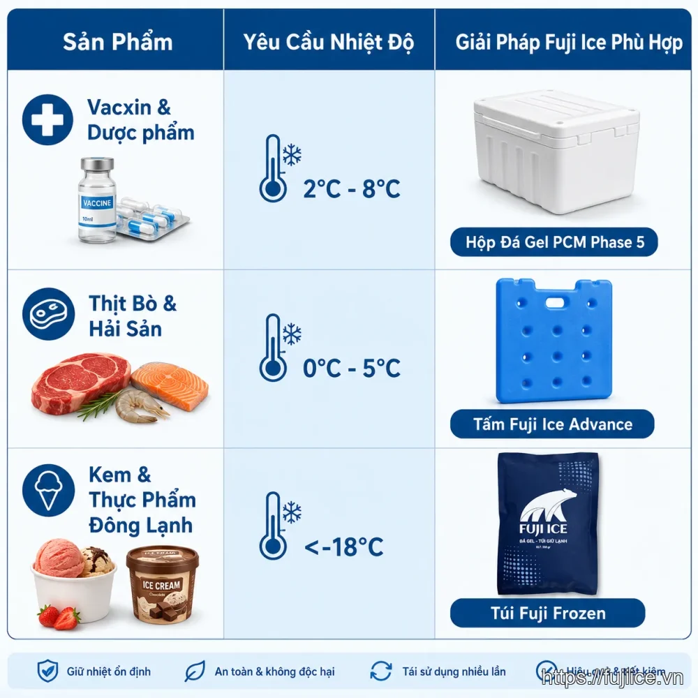 Bảng so sánh các giải pháp đá gel Fuji Ice cho từng loại sản phẩm