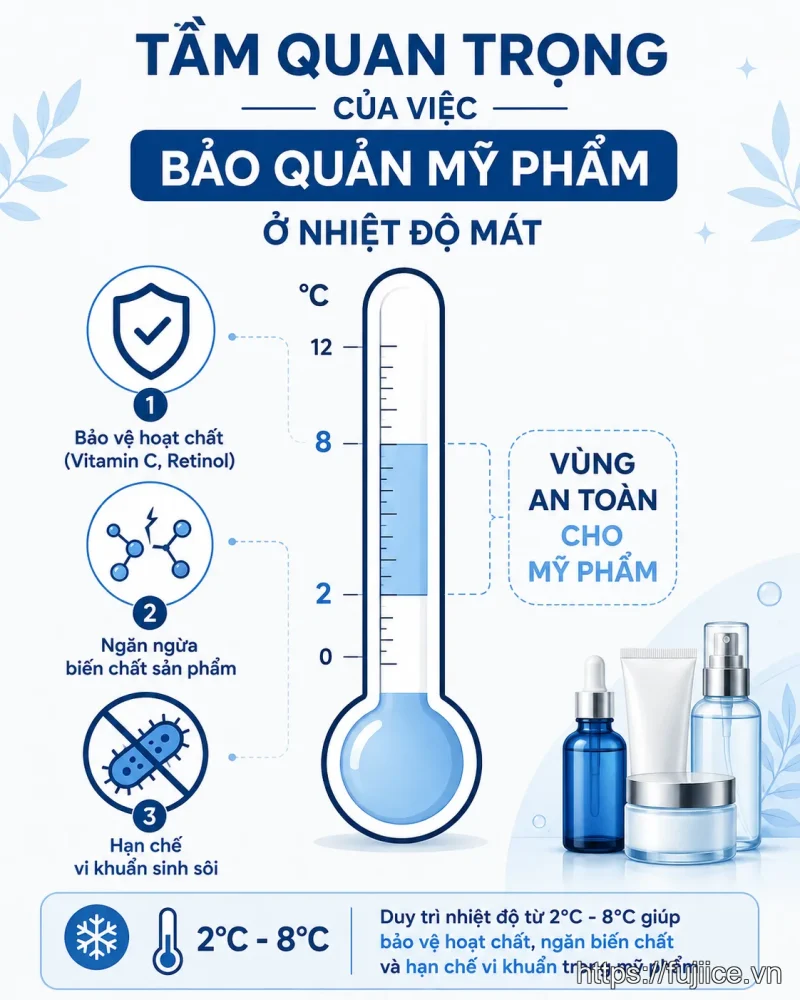 Infographic giải thích 3 lý do chính cần kiểm soát nhiệt độ cho mỹ phẩm.
