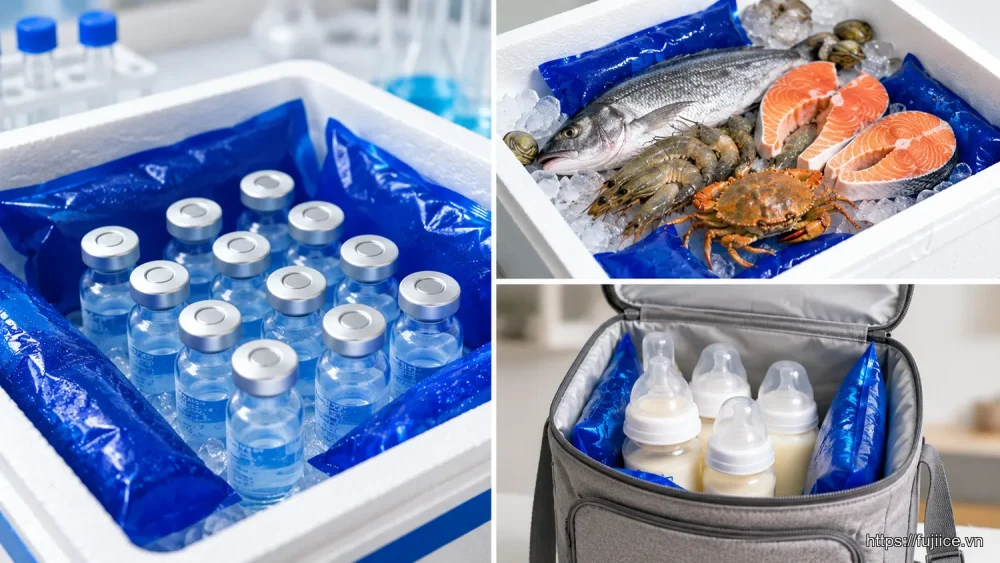 Các ứng dụng đa dạng của đá gel trong bảo quản vắc-xin, thực phẩm và sữa mẹ.