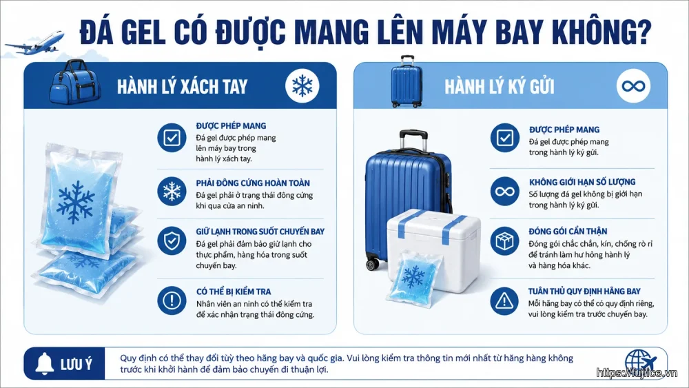 Infographic so sánh quy định mang đá gel lên máy bay giữa hành lý xách tay và hành lý ký gửi.
