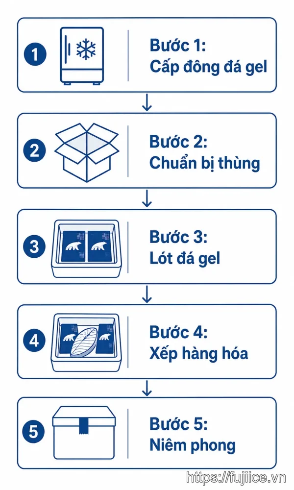 Sơ đồ 5 bước đóng gói hàng hóa xuất khẩu bằng đá gel Fuji Ice.