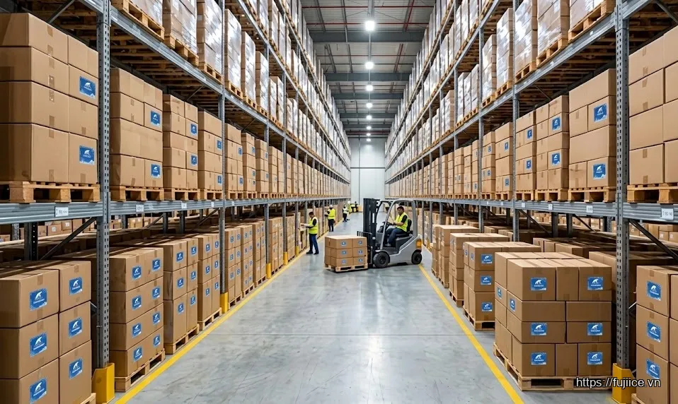 Kho hàng của Fuji Ice với các pallet đá gel đã đóng thùng sẵn sàng để xuất đi.