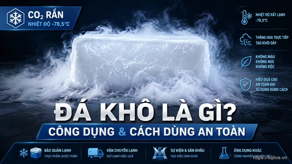 Khối đá khô CO2 rắn tỏa khói trắng dày đặc ở nhiệt độ -78,5°C