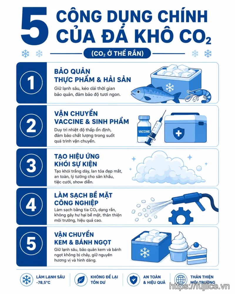 Infographic 5 công dụng chính của đá khô CO2 trong bảo quản và sự kiện